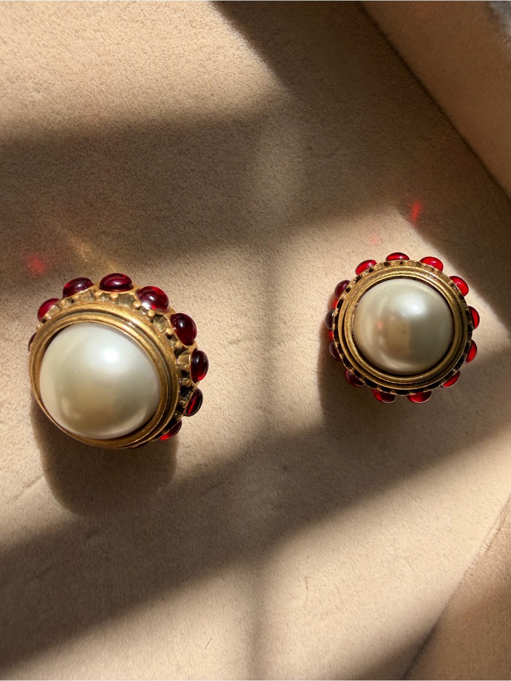 Gold-Tone Pearl Clip Earrings with Red Accent Stones